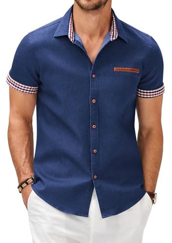 COOFANDY Mens Shirts Short Sleeve Summer Denim Office Shirts Non Iron Formal Business Casual Button Down Shirt Classic Western Cowboy Shirt Blue L