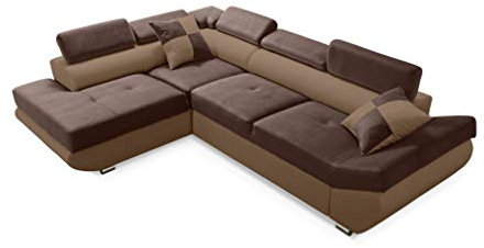 Robin Saturn Ecksofa mit Schlaffunktion Bettkasten 5 Verstellbare Kopfstützen 2 Kissen Sofa L-Form Schlafsofa Eckcouch Schlafcouch Wohnzimmermöbel Wohnlandschaft Links Schokolade Nougat