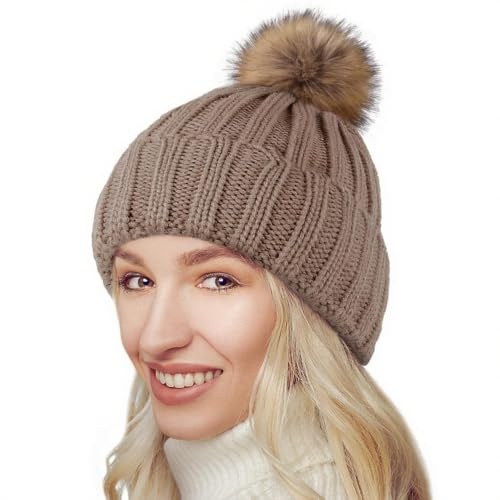 NEOLA Wintermützen für Damen – Fleecegefütterte Beanie-Mütze für Damen, weich und warm, mit Bommel aus Strick und dickem Kunstfell-Bommel für Outdoor-Sportarten und Skifahren