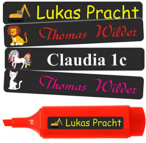 INDIGOS UG - Namensaufkleber Kinder Schule - 36x7 mm - 10-1000 Sticker - schwarz - Aufkleber selbst gestalten - Namensschilder selbstklebend - Sticker für Stifte, Federmappe, Hefte, Bücher