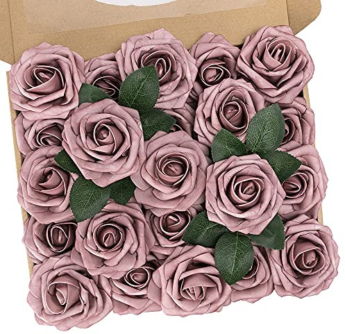 N&T NIETING Rose artificiali, 25 pezzi, rose finte con steli per San Valentino, centrotavola per feste di nozze, decorazione per la casa, rosa polveroso viola