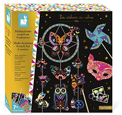 Janod - Boîte Multi-Activités Scratch Art - 8 Réalisations - Cartes à Gratter - Les Ateliers du Calme - Kit Loisir Créatif Enfant - Dextérité et Concentration - Dès 7 Ans, J07993