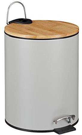 Relaxdays Kosmetikeimer mit Bambusdeckel, 5 Liter, Absenkautomatik, entnehmbarer Inneneimer, Treteimer Bad, grau/Natur, Stahl