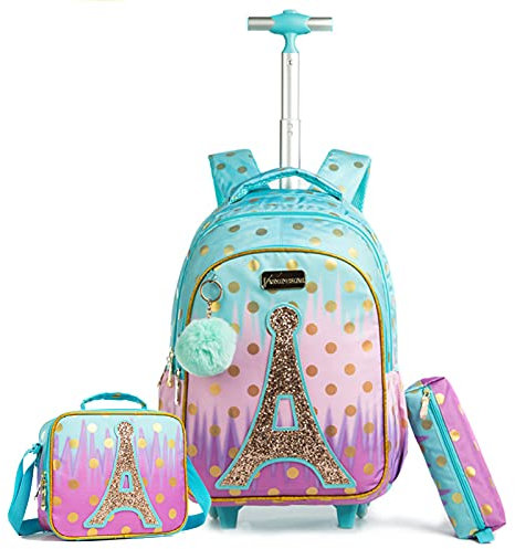 Wenlia Trolley Rucksack mit Rollen, Federmäppchen, Lunch Tasche 3 in 1 Leicht Rolling Schulranzen für Mädchen, Eiffelturm Schultaschen-Sets Ideal für Kinder Schüler der Klassen 2-6