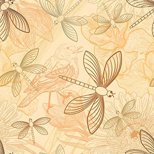 Dragonfly Fabric by The Yard, Vintage Birds Floral Polsterstoff für Stühle, Wildnatur Ornament, dekorativer Stoff für Polster und Heimwerker-Projekte, 91 cm, (L x B x H), Gelb-Orange