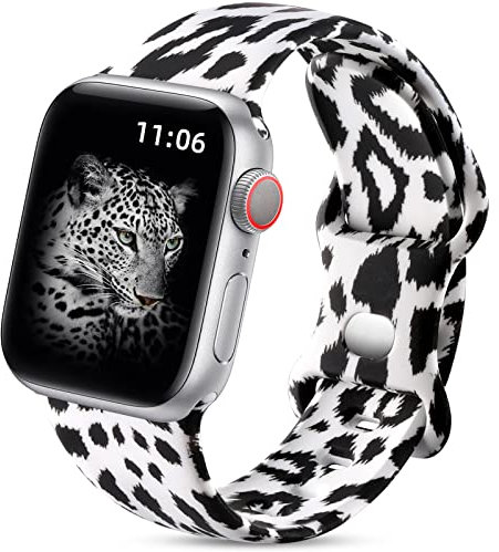 Upeak Doppelseitiges Blumenarmband Kompatibel mit Apple Watch Armband 38mm 40mm 41mm 42mm(Series 10), Silikon Armbänder für iWatch 10/9/8/7/6/5/4/3/SE, 38 40 41 42mm(Series 10)-S/M, Schwarz Leopard