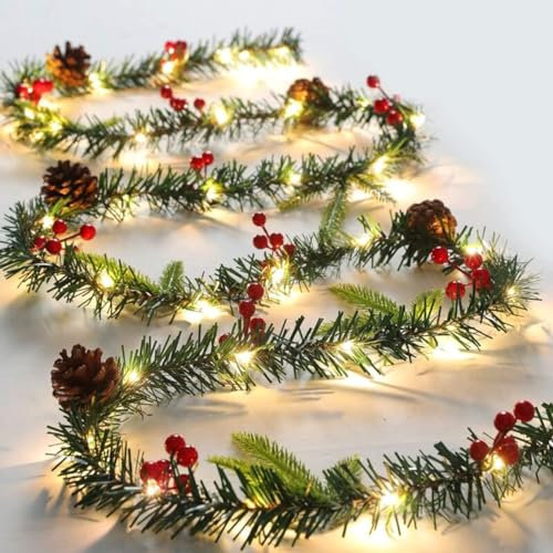 Queta Weihnachtsgirland mit LED Lampen Tannengirlande Weihnachtsdeko (2.6m, 1, Tannenzapfen/Beeren)
