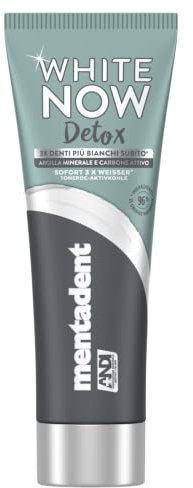 Mentadent White Now Detox Holzkohle, Zahnpasta mit aktiver Aktivkohle, aufhellend, mit Mineralton, Aktivkohle und White-Correct Technology, Zähne 3 mal weißere subbito*, 75 ml