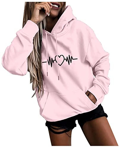 TOFOTL Sweat A Capuche Femme Manches Longues Imprimée Cordon Top Extérieur Travail Tshirt Marque Hauts Casual Doux Blouse Printemps Automne Sweat Capuche Femme Rose XL