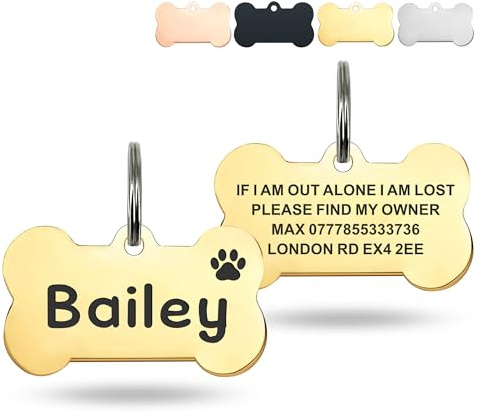 Deep Engraved Dog Tags for Pets UK Prime, Personalised Cat Dog Name ID Tags, Stainless Steel Pet Tag for Doggy Kitten Kitty Puppy, Scratch Resistant Tag (Gold Bone, L)
