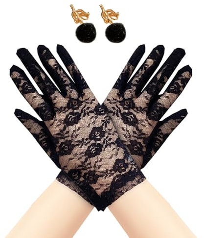 XNIVUIS Guantes de Encaje Negros para Niña, con Clips para Orejas, Cortos para Halloween, Cosplay, Fiesta y Disfraces (Black)