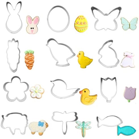 PTaizjjz Mini Easter Cookie Cutters,12PCS Stainless Steel Cookie Cutters - Easter Egg,Chick,Butterfly,Flower,Bunny,Carrot,Fish and More…