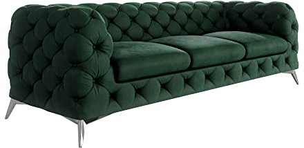S-Style Möbel Maria Sofa 3-Sitzer Chesterfield-Sofa Wohnzimmer Lounge Couch mit verchromten Füßen Möbel Freistehende Polster Sofas & Couches Sofagarnitur Couchgarnitur Flaschengrün 243x73x100 cm