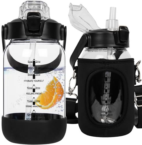 Seekua 1 litre Sport Gourde d'eau Avec Paille et Temps Motivation Marqueur, 1l Grande Bouteille d'eau Verre Avec Sans BPA Pour le Gym Bureau Fitness Camping