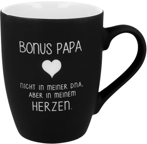 Spruchreif | Soft-Touch Tasse Schwarz Bonus Papa – Beidseitig gravierte Tasse mit liebevollem Spruch | Persönliches Geschenk für Stiefväter & Bonus-Papas | 350 ml