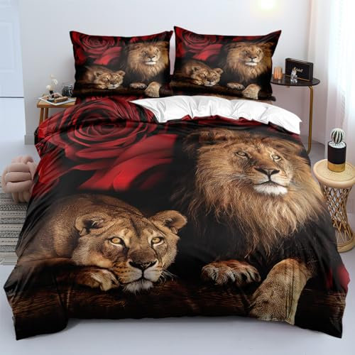 Gnomvaie Bettwäsche 155x220cm Tier 3D Löwe Rose Rot Muster Bettbezug Weich Mikrofaser mit Reißverschluss und Kissenbezug 80x80cm