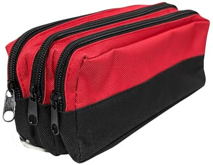 Pencil Case Triple Zip Rectangular Pencil Case Three Pocket Pencil Holder Durable Polyester Material Compact Design Black Blue Red Purple School Students Artists Professionals (Red)