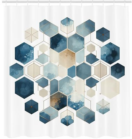 ABAKUHAUS Bleu Rideau de Douche, Hexagones Géométriques Contemporains Formes Minimalistes., Material Resistente al Agua Durable Estampa Digital, 175 cm x 200 cm, Bleu Mer Coquille d'œuf et Blanc
