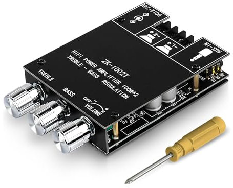 ZK-1002T 2.0 Channel Bluetooth 5.0 Amplifier Board 200W HiFi Subwoofer Audio AMP with Treble and Bass Control BT and AUX Inputs, DC 12-24V 2.0 Channel Stereo AMP Module for DIY Speakers