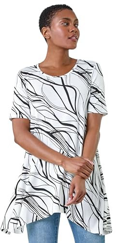 Roman Originals Textured Fan Print Stretch Hanky Hem Top for Women UK - Ladies Everyday Holiday Spring Summer Round Neckline Comfy Soft Evening Vacation Work Party - Ivory & Noir - Size 12