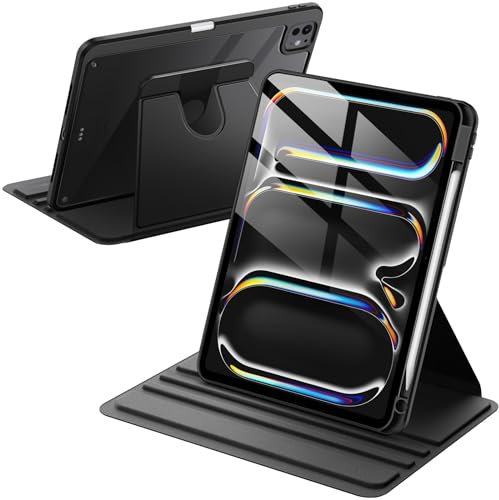 JETech Funda Giratoria para iPad Pro 11 Pulgadas M4 2024 (5.ª Generación) con Soporte para Pencil, Carcasa Soporte Rotación de 360 Grados Protectora Respaldo Clara (Negro)
