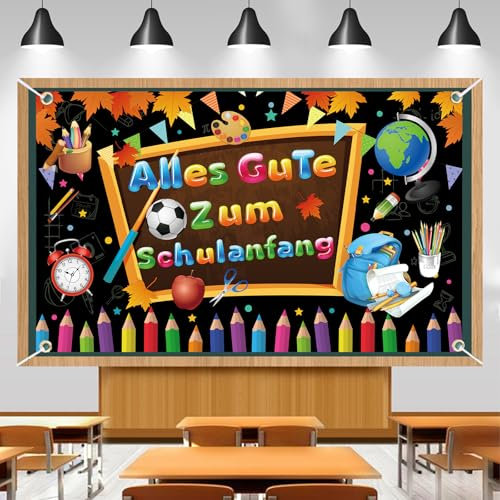 Buikiil Einschulung Banner Deko, Schulanfang Banner Schwarz, Alles Gute Zum Schulanfang Banner, Schuleinführung Deko Banner für Tafel, Schulkind Hintergrund für Kinder Jungen Mädchen 180 x 110cm