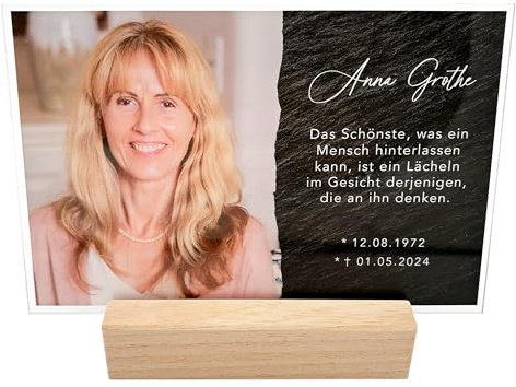 Gedenktafel personalisiertes Acrylglas mit Foto als Trauergeschenk Andenken | Personalisiert, Acrylglas mit Echtholzfuß, Andenken an verstorbene Menschen, zur Erinnerung & Trauer