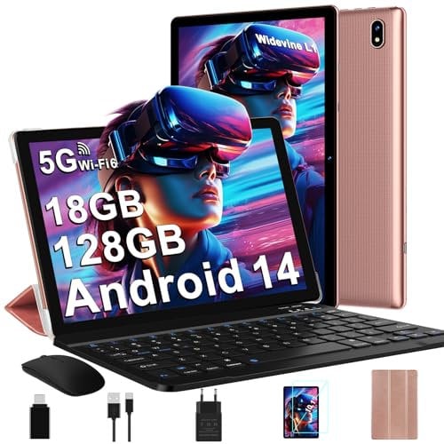 DMOAO Tablet 10 Zoll Android 14 mit 5G WLAN 6, 18 GB RAM + 128 GB ROM(TF 1TB), Widevine L1, Octa-Core, BT 5.0, Face ID, FHD 1280 * 800 IPS, 6000 mAh, 2 in 1 Tablet mit Tastatur + Maus, Rose Gold