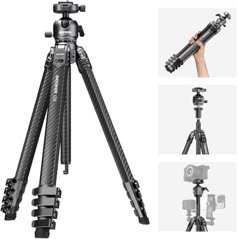 NEEWER LITETRIP LT38 61 Travel Tripod Carbon Fiber for Camera, 360° Pan Tilt Low Profile Ball Head, Flexible Center Axis, Arca QR Plate Compatible with Peak Design Tripod Clip V3, Max Load 22lb