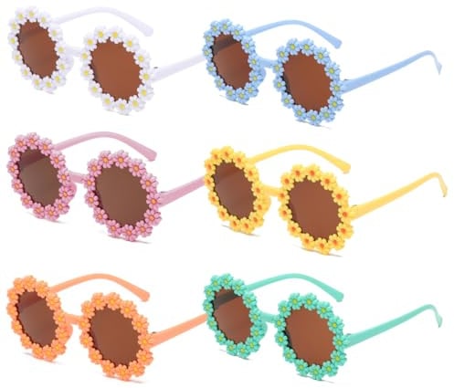 HQRKOTM 6 Paare Gänseblümchen Sonnenbrille, Witzige Sonnenbrillen, Schnelle Brille Kinder, Partybrille Spaßbrille Sonnenbrille, Fasching Brille Sonnenbrille Party Blumenbrille für Kinder