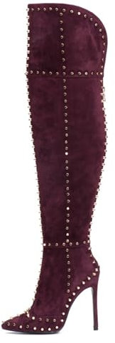 BHGLUZGBY Stivali Lunghi da Donna Scarpe Cosciali Stivali sopra Il Ginocchio Scarpe col Tacco Alto Rivetti con Punta Tonda Tacchi a Spillo da 11 a 13 Cm Alti alla Moda e Versatili, Burgrundy,41