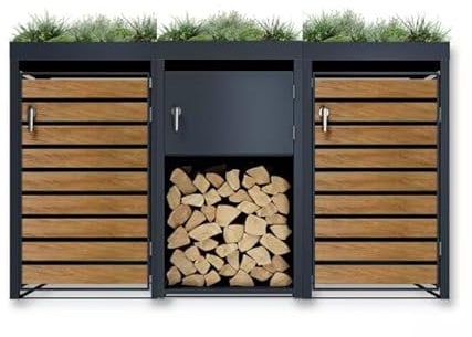 DWD® Garden Double Wheelie Bin Hideaway with Plant Roof 120L/240L Waste Bin Storage Shed w/Locking Wood Doors Central Firewood Rack Store Integrated Tool Storage, Plant Roof Weather Proof Stylish