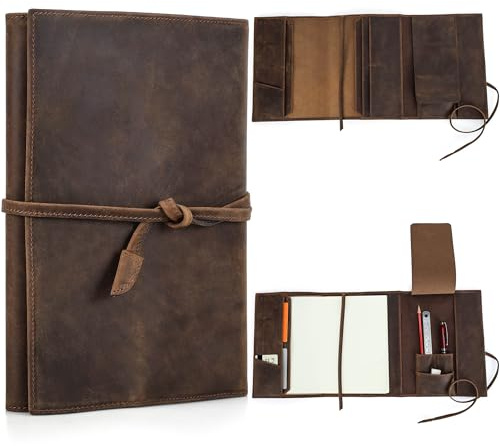 CataPurus Top Grain Genuine Leather Travel Notebook Cover for Man & Woman, Handmade Vintage Design, Leather Refillable Journal Cover Fits A5 Size Notebook/Paper/Pen/Stationeries/Cards/Tickets, Coffee