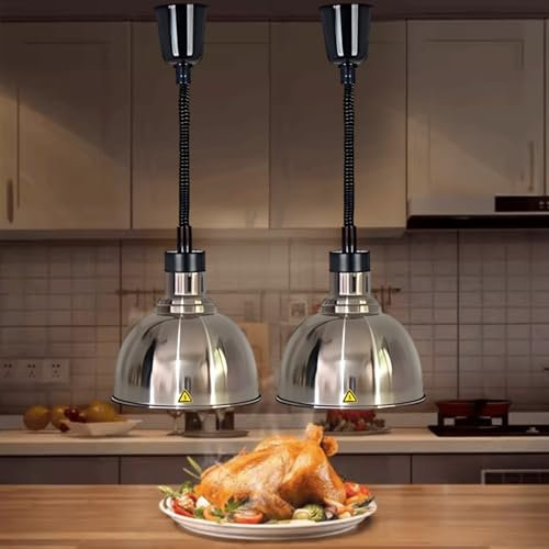 Aocay Wärmelampe Küche Gastro, Hängende Speisenwärmer Lampe Einstellbare Höhe, 250W Lebensmittel Wärmelampe Buffet 19cm/25cm(Edelstahl-25cm, 2 Stück)