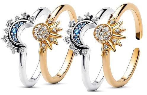 Uwiyo Sonne Mond Ringe Set, Verstellbar Gold Silber Frauen Ringe, Matching Freundschaftsringe, Damenring Dupes Schmuck Geschenk für Frauen (Gold&Silber 2 Paare)