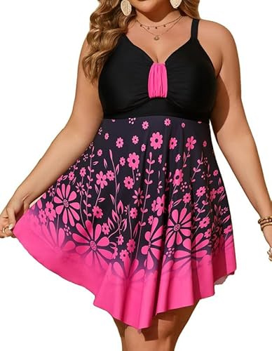 Hanna Nikole Bathing Suits for Women Plus Size Skirted One-Piece Swimsuits Tummy Control Swimwear Shape Swimming Costume Ruffled Swim Dress with Swim Shorts