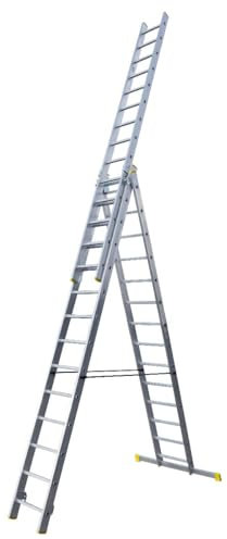 Bayersystem BS-DW 3x13 Mehrzweckleiter, 3x13 Sprossen, 3-teilige Alu-Kombileiter, bis 150 kg belastbar, max. Arbeitshöhe 8,15 m, Klappleiter, Multifunktionsleiter, Stehleiter, Silber/Gelb