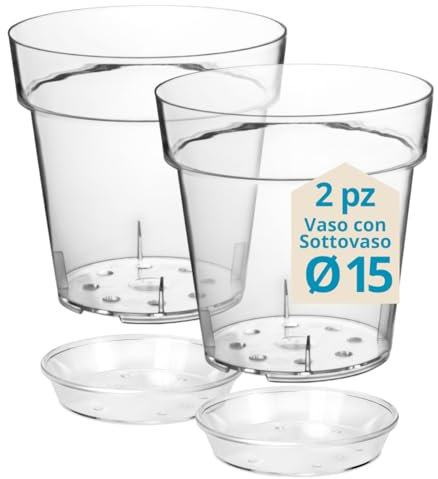Tomaino - Vaso Trasparente Per Orchidea in Plastica Con Sottovaso - Per Rinvaso Piante Interno ed Esterno (2, Ø 15)