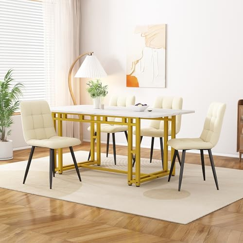 Merax Esstisch 120x70cm, Rechteckiger Esstisch, für 4-6 Personen, Metallrahmen, Golden Tischbeine, geeignet für Restaurant, Wohnzimmer, Küche,Wohnzimmer, Weiß/Gold