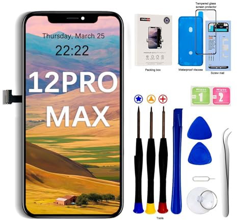 EFaith - Pantalla para iPhone 12Pro Max 6.7 LCD táctil de repuesto con herramienta de reparación, vidrio templado adhesivo para modelos A2342, A2410, A2412, A2411, negro
