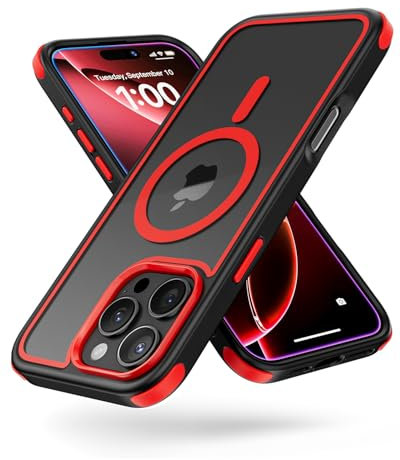 MobNano Hybrid Clear Magnetic Case for iPhone 16 Pro, [Support MagSafe Wireless Charging] Silicone Shockproof Bumper hard Transparent Outdoor Football Phone 16 Pro Cover - Black/Red