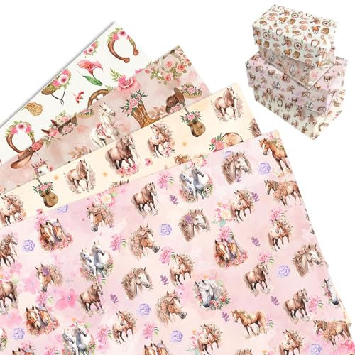 MORAINJAY 12 Bögen Pferde Geschenkpapier, Pony Geschenkpapier für Mädchen & Jungen, Kinder Geburtstag Geschenkverpackung, Pferde Party Deko, 68 x 50 cm