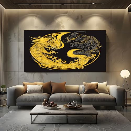 ZORYAN Tableau Decoration Murale Salon Dragon Chinois Tableau Decoration Mural Image Sur Toile Photo Images Motif Moderne Décoration Chambre Noir Sans Cadre 80x160cm