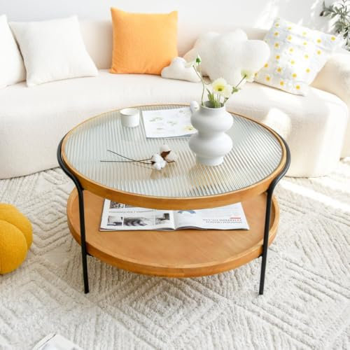 Cagnolier Couchtisch Rund, Runder-gehärtetem Glas Wohnzimmertisch, mit 2-stöckigem Stauraum Beistelltisch, Moderner Sofatisch mit Metallgestell für Wohnzimmer 83 X 83 X 46cm