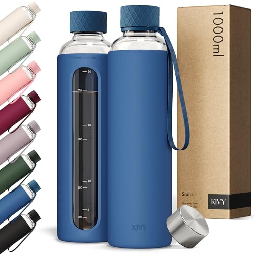KIVY Glass Water Bottle with Silicone Sleeve 32 oz - with Measurement | Borosilicate Glass Water Bottle Screw Top - Clear Bottles with Measurement Marking - Slim Waterbottle Aesthetic - BPA-Free