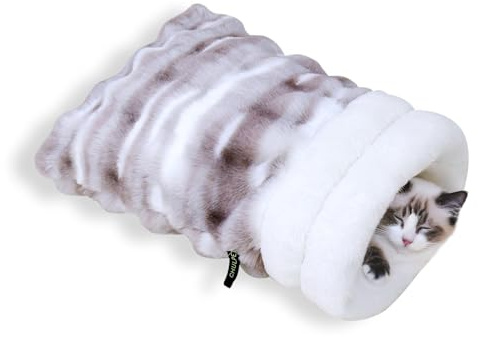 CHULPET Katzen-Schlafsack, Katzenhöhlen-Schlafsack, Plüsch-Haustier-Kuschel-Tasche-Decke-Matte, Waschbare Versteckhöhle für Katzen und kleine Hund (Braun)