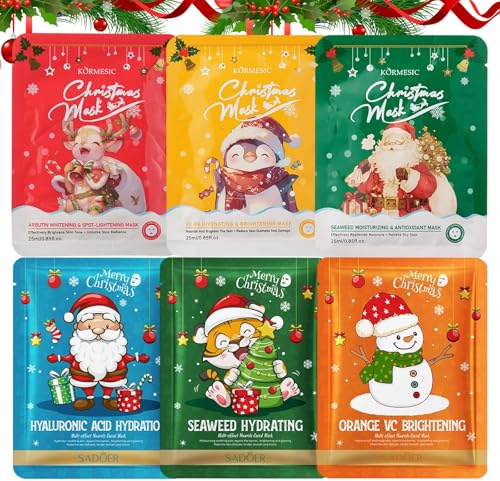 6 Stück Weihnachts Gesichtsmaske,Feuchtigkeitsspendende Daily Care Masken,Festliche Hautpflegemaske,beruhigend,Christmastime Hydratations-Set,für verschiedene Hautbedürfnisse