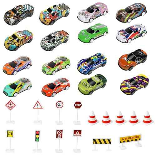 31 Stück Spielzeugauto Set, Matchbox Autos,Spielzeug Auto,16 Stück Kleine Autos Mit 15 Verkehrsschildern, Aufziehauto Für Kinder Ab 3 Jahren, Lernspielzeug