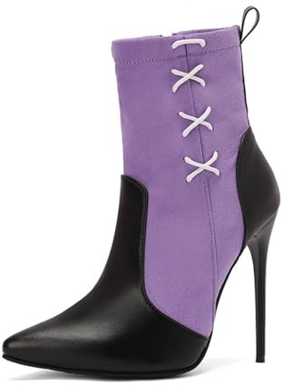 Donna Punta Appuntita PU Pelle Stivali Corti Tacco A Spillo Alto Décolleté da Vestito Lacci Stivaletti alla Caviglia con Cerniera,Viola,43 EU