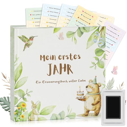 EARLY MINDS Babytagebuch Mein erstes Jahr, Leinen-Cover Babyalbum, 21×21 cm | Babybuch mit 88 Seiten, 4 Sticker, Hand- & Fußabdruck-Set, Erinnerungsbuch für Jungen & Mädchen, Geschenk zur Geburt